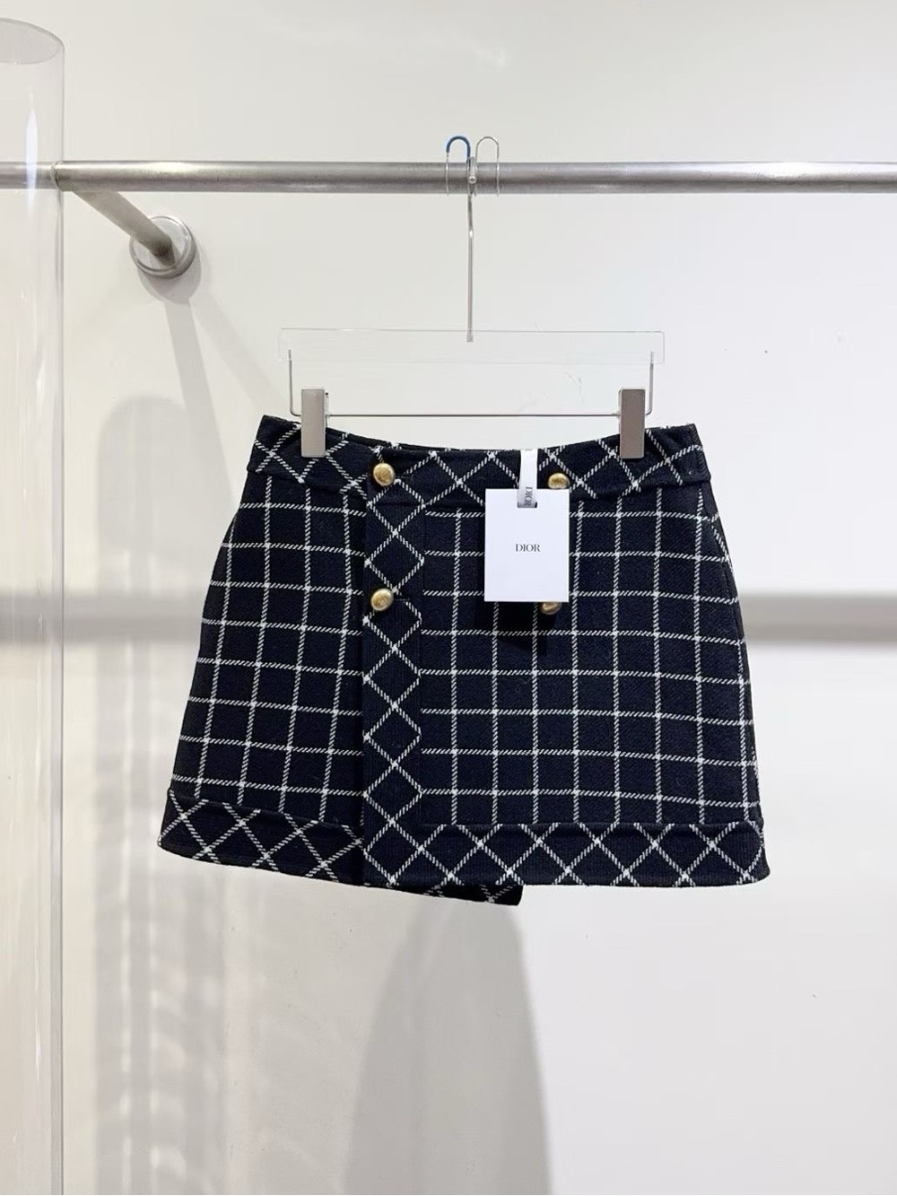 🚩steal Dior Black and White Checked Mini Skirt with Gold Buttons